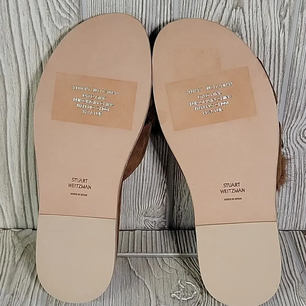 Stuart Weitzman Brown Nomedeplume Suede Mink Fur Jewel Sandal Womens 5.5 NEW